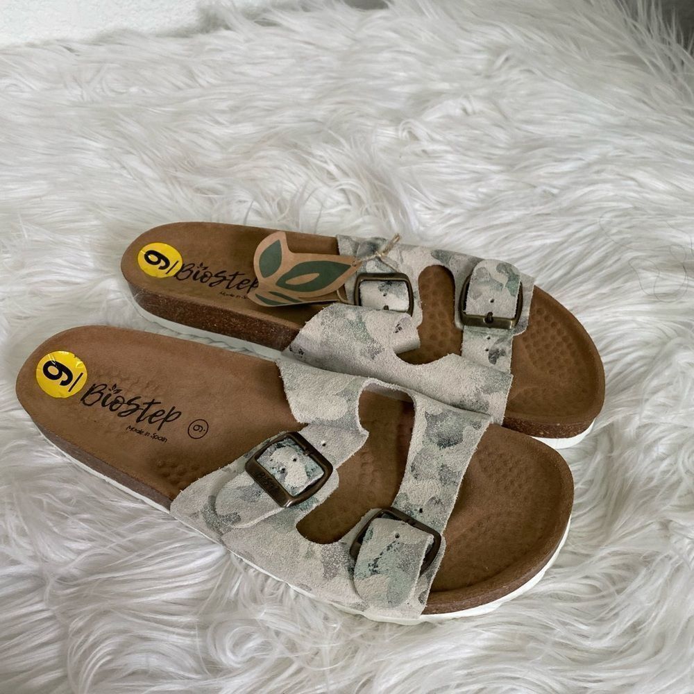 NEW Biostep camo leather two adjustable strap comfort slippers sandals 9